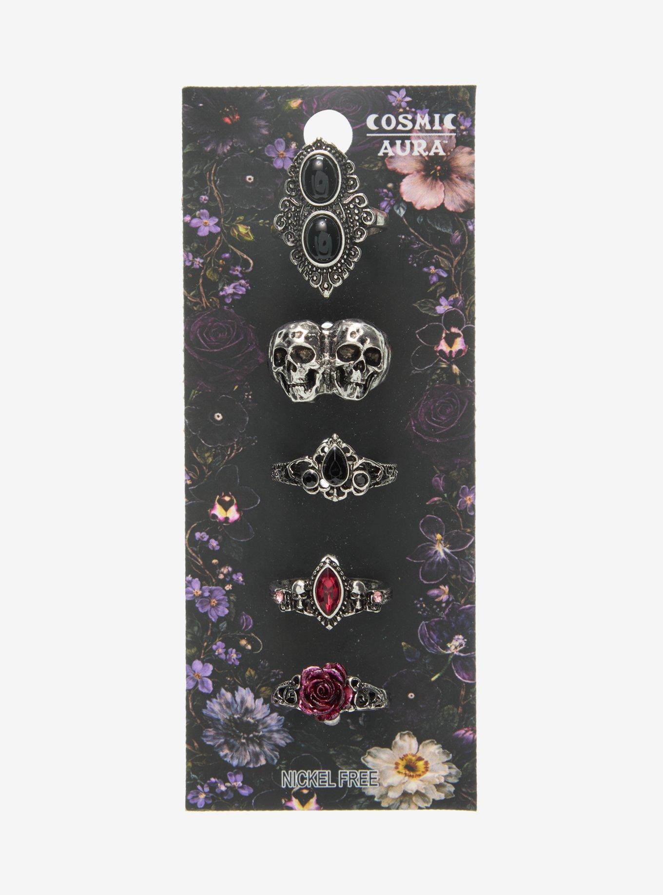 Cosmic Aura Double Skull Rose Ring Set, , hi-res