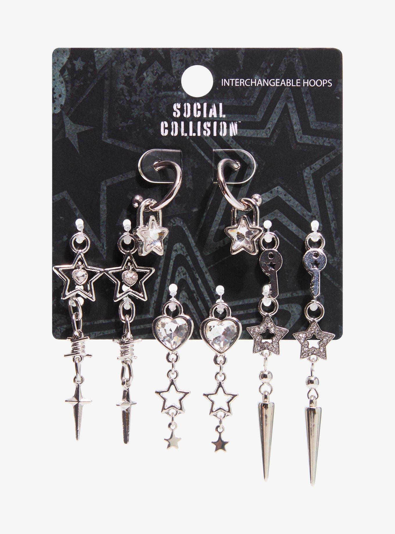 Social Collision Star Heart Interchangeable Charms Mini Hoop Earring Set, , hi-res