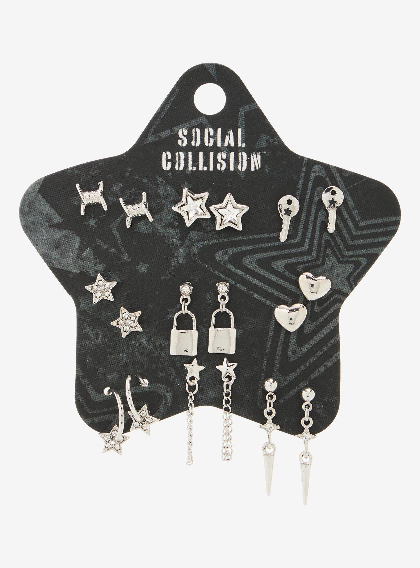 Social Collision Star Padlock Barbed Wire Earring Set 9 Pair, , hi-res