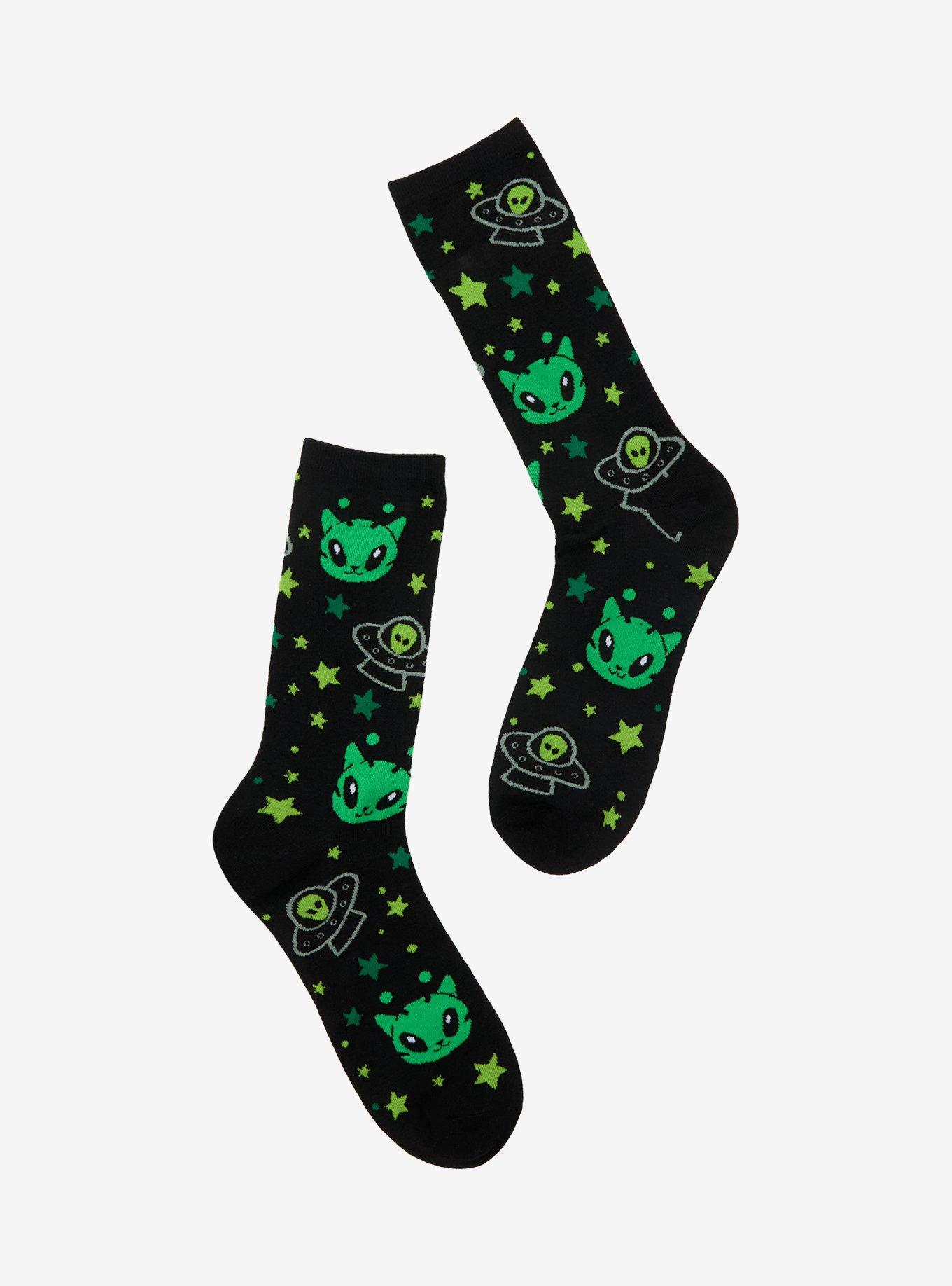 Green & Black Alien Cat Crew Socks, , hi-res