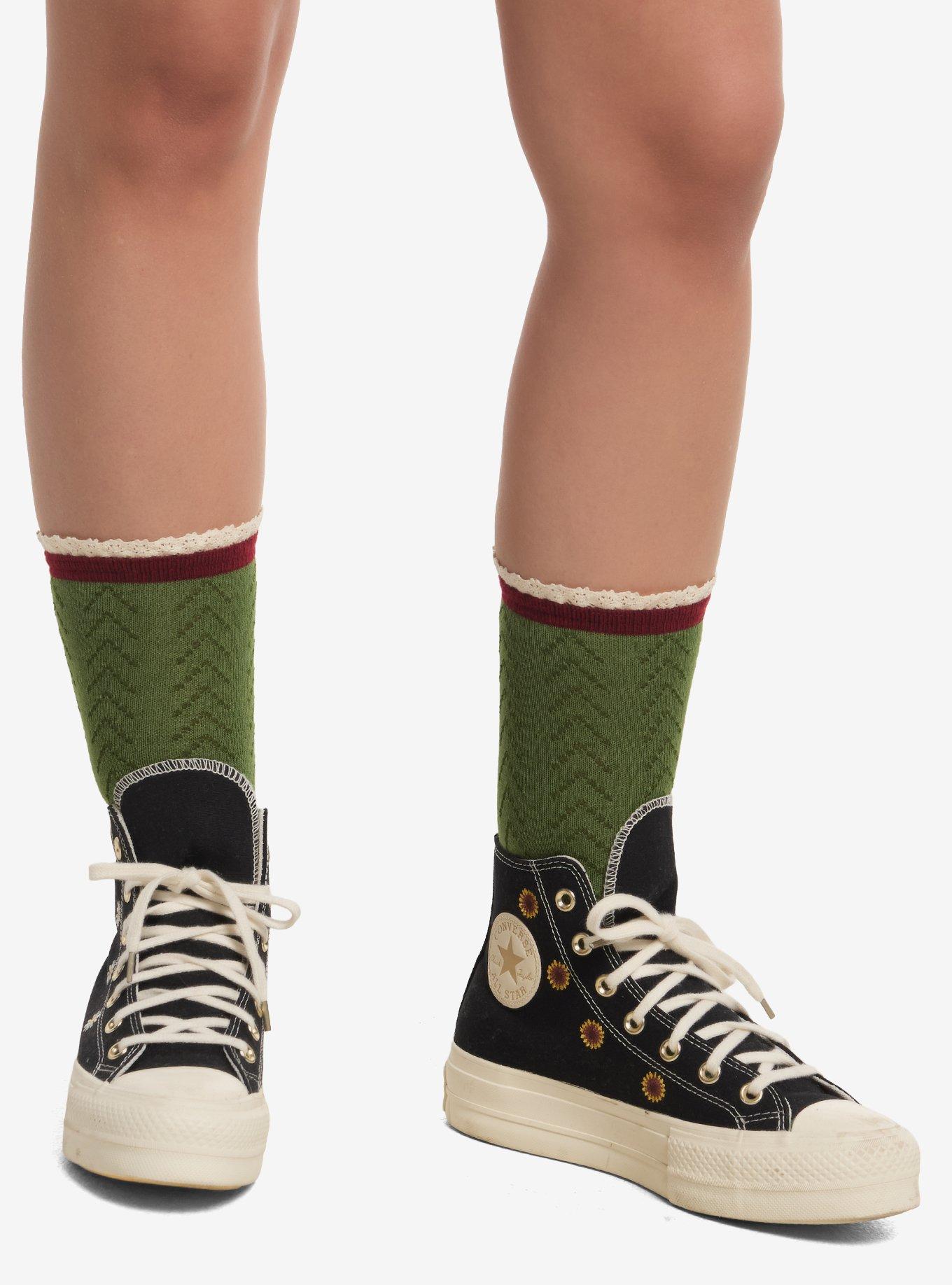 Green & Beige Pointelle Crew Socks 2 Pair, , hi-res