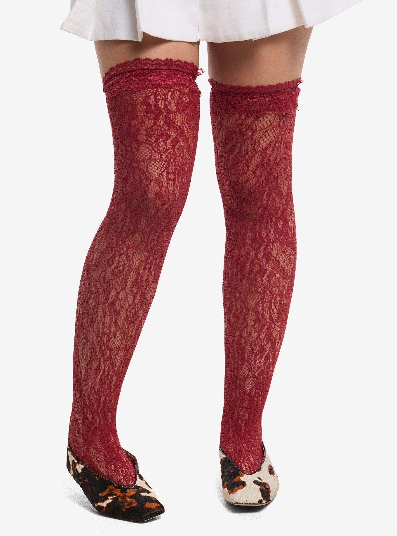 Burgundy Lace Trim Thigh Highs, , hi-res