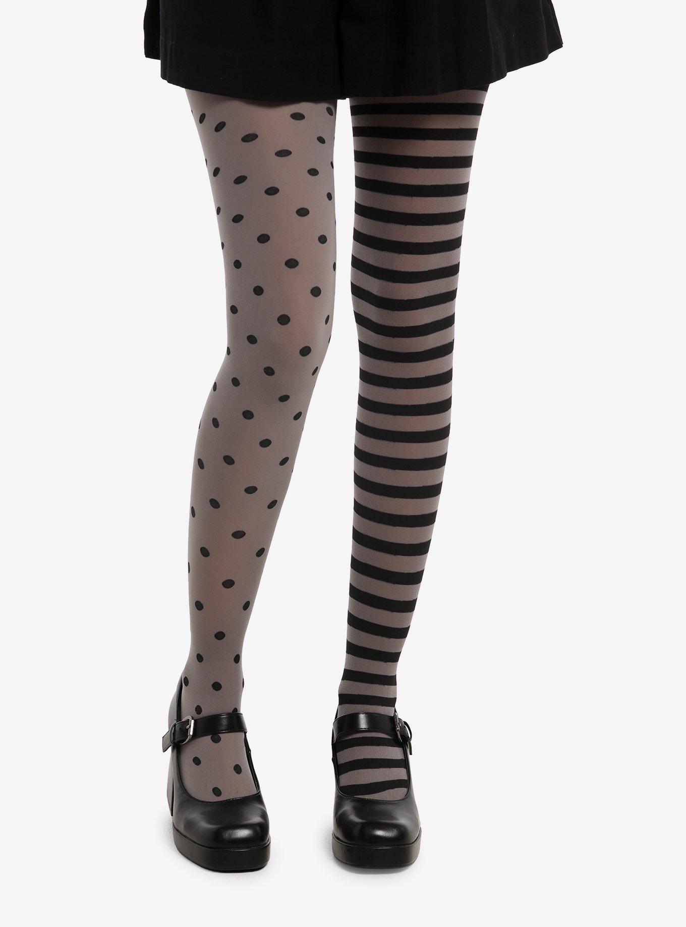 Grey & Black Striped & Polka Dot Mismatch Tights | Hot Topic