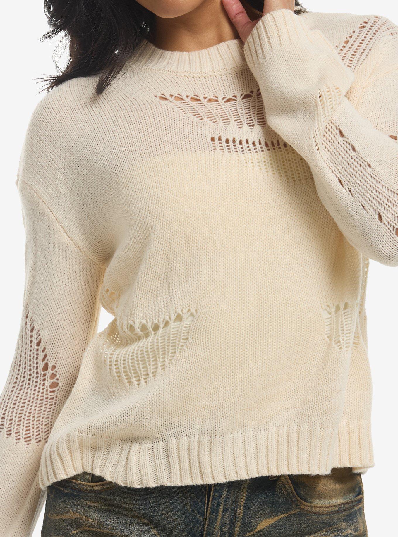 Cream Distressed Girls Knit Sweater, , hi-res