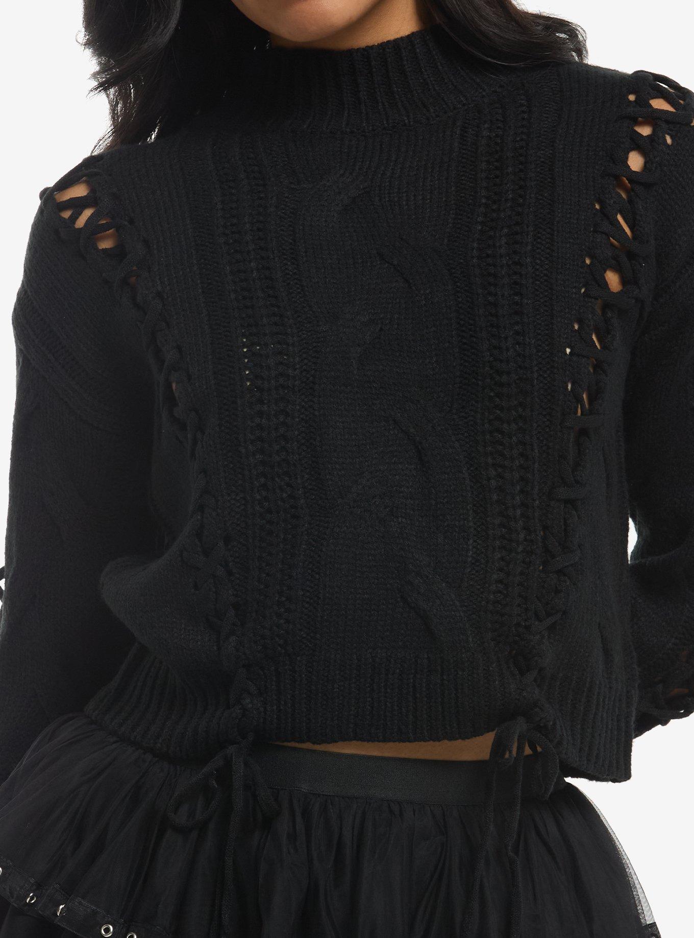 Black Cable Knit Lace-Up Girls Crop Sweater, , hi-res