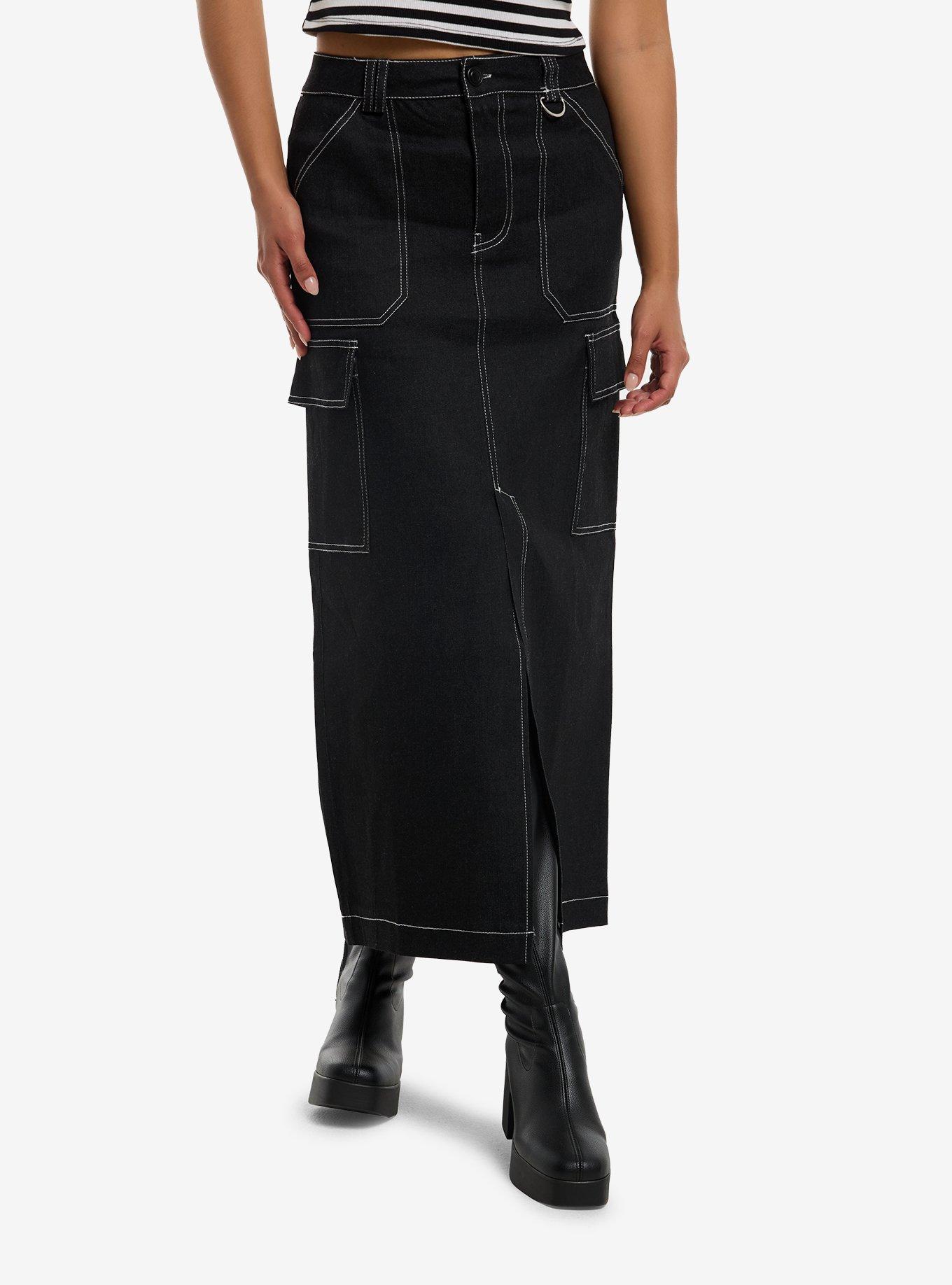 Black & White Contrast Stitch Denim Midaxi Skirt, , hi-res