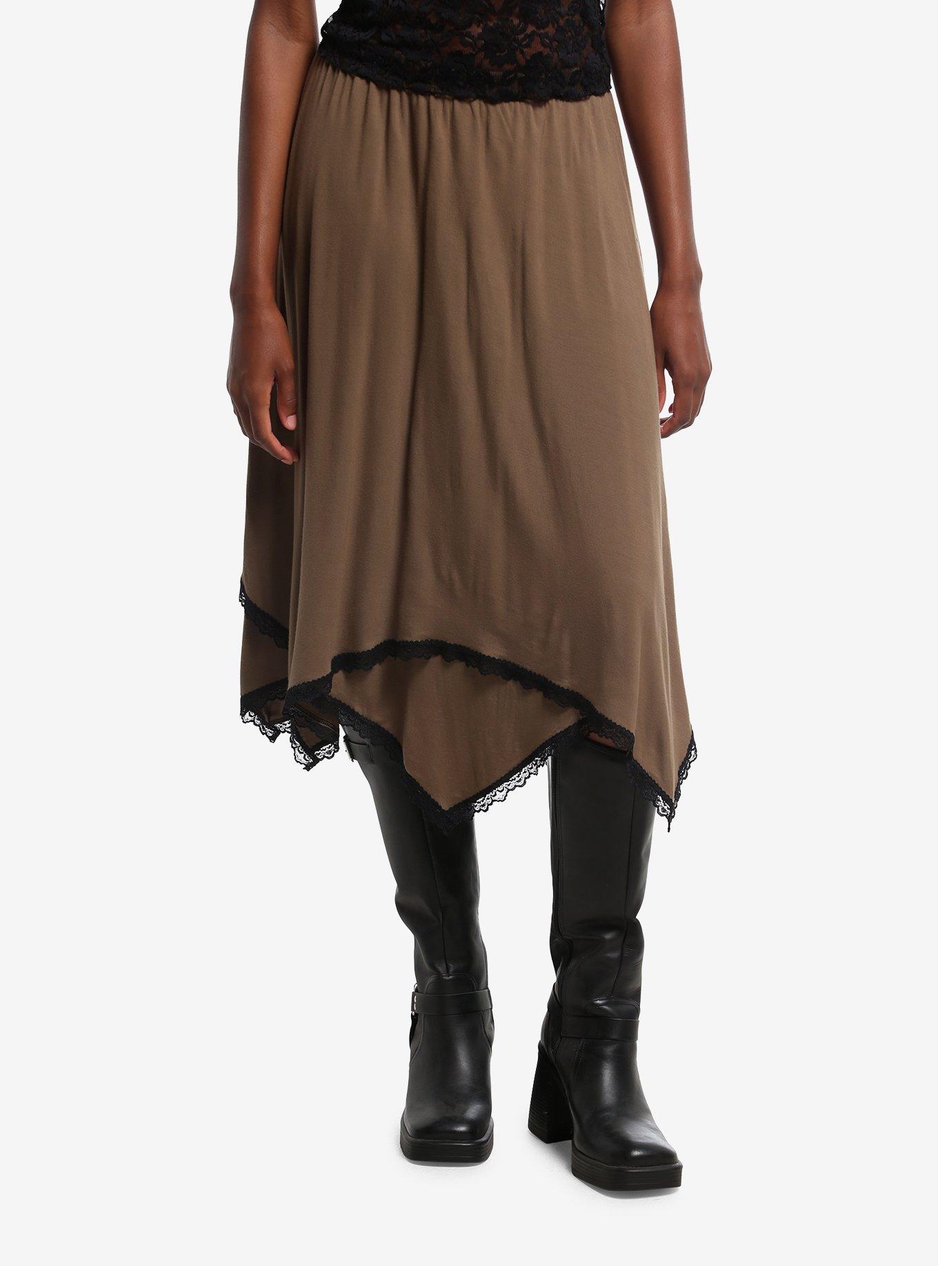 Thorn & Fable Brown & Black Lace Asymmetrical Midi Skirt