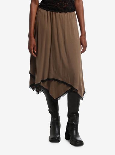 Thorn & Fable Brown & Black Lace Asymmetrical Midi Skirt | Hot Topic