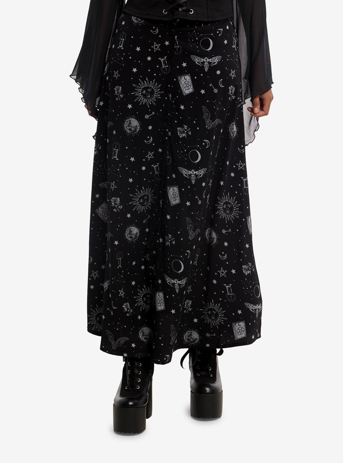Cosmic Aura Witchy Celestial Button Maxi Skirt, , hi-res
