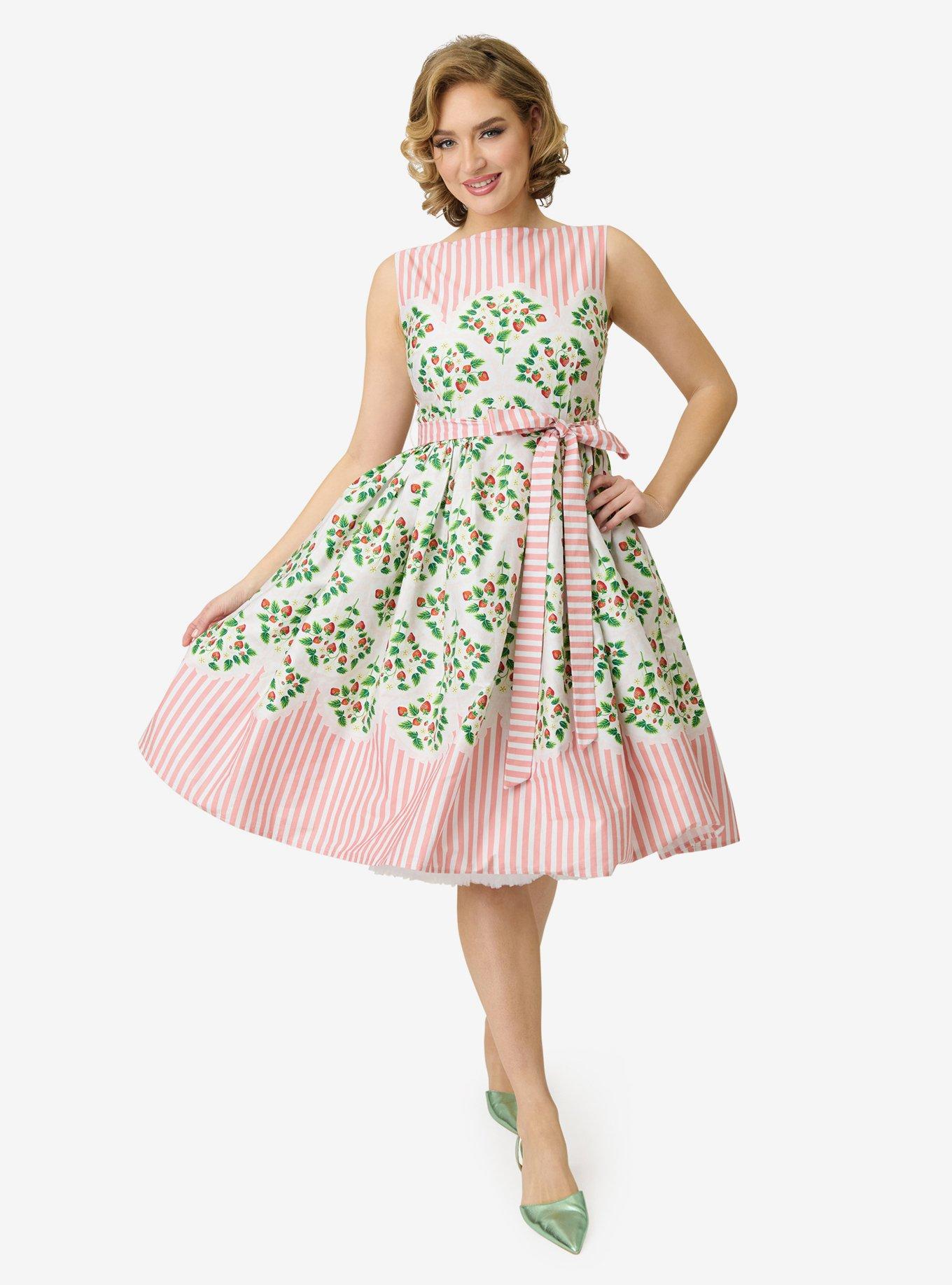 Unique Vintage Strawberry & Stripe Sleeveless Cotton Swing Dress, PINK, hi-res