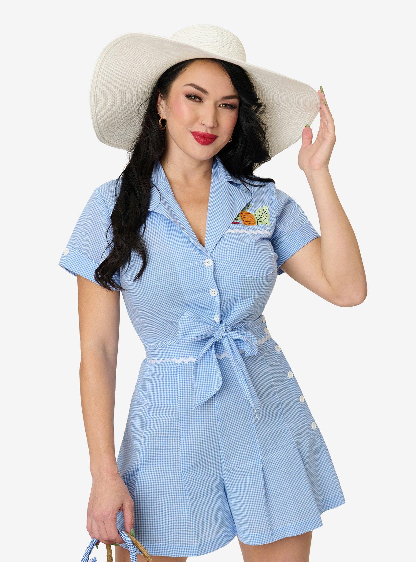 Unique Vintage Blue Gingham & Veggie Embroidery Shirley Crop Top, , hi-res