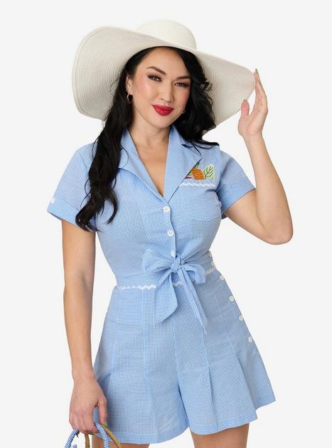 Unique Vintage Blue Gingham & Veggie Embroidery Shirley Crop Top