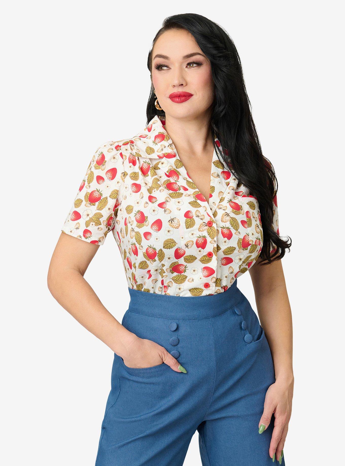 Unique Vintage 1960s Strawberry Print Cotton Blouse, , hi-res