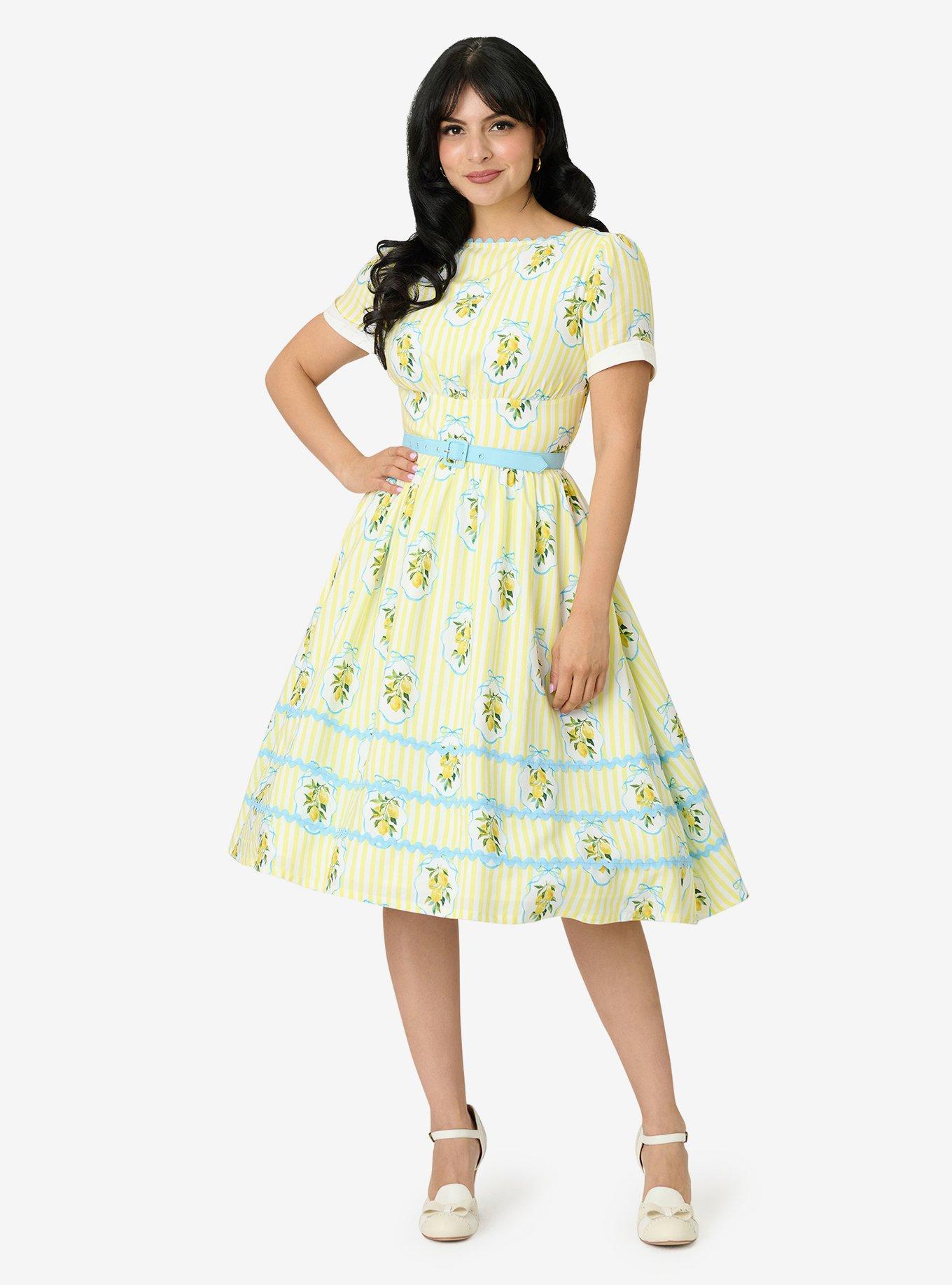Unique Vintage Yellow Lemon Striped Swing Dress, , hi-res