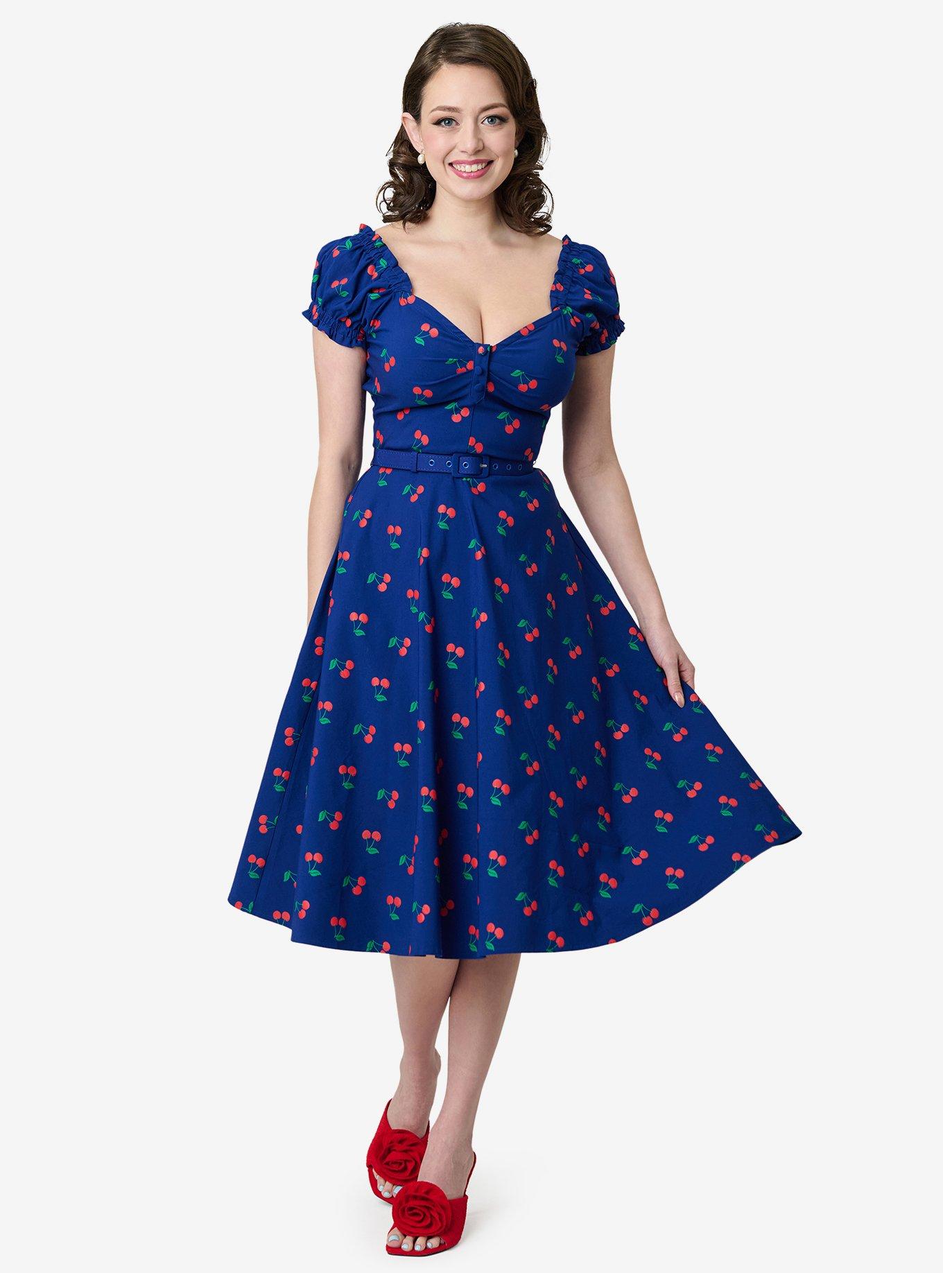 Unique Vintage Navy & Cherries Ohara Swing Dress, BLUE, hi-res