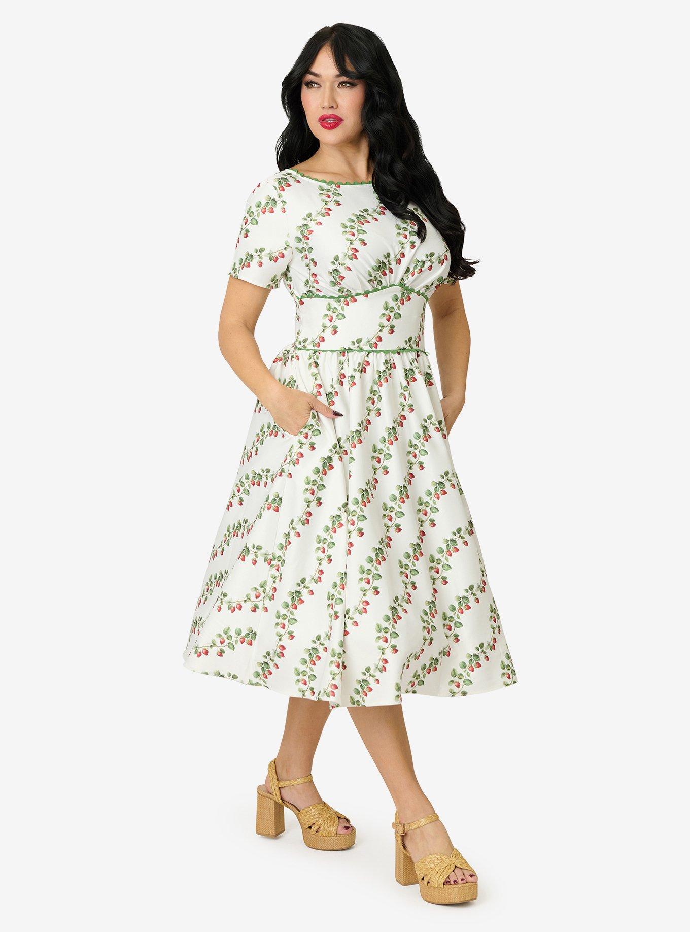 Unique Vintage Strawberry Vine Print Swing Dress, , hi-res