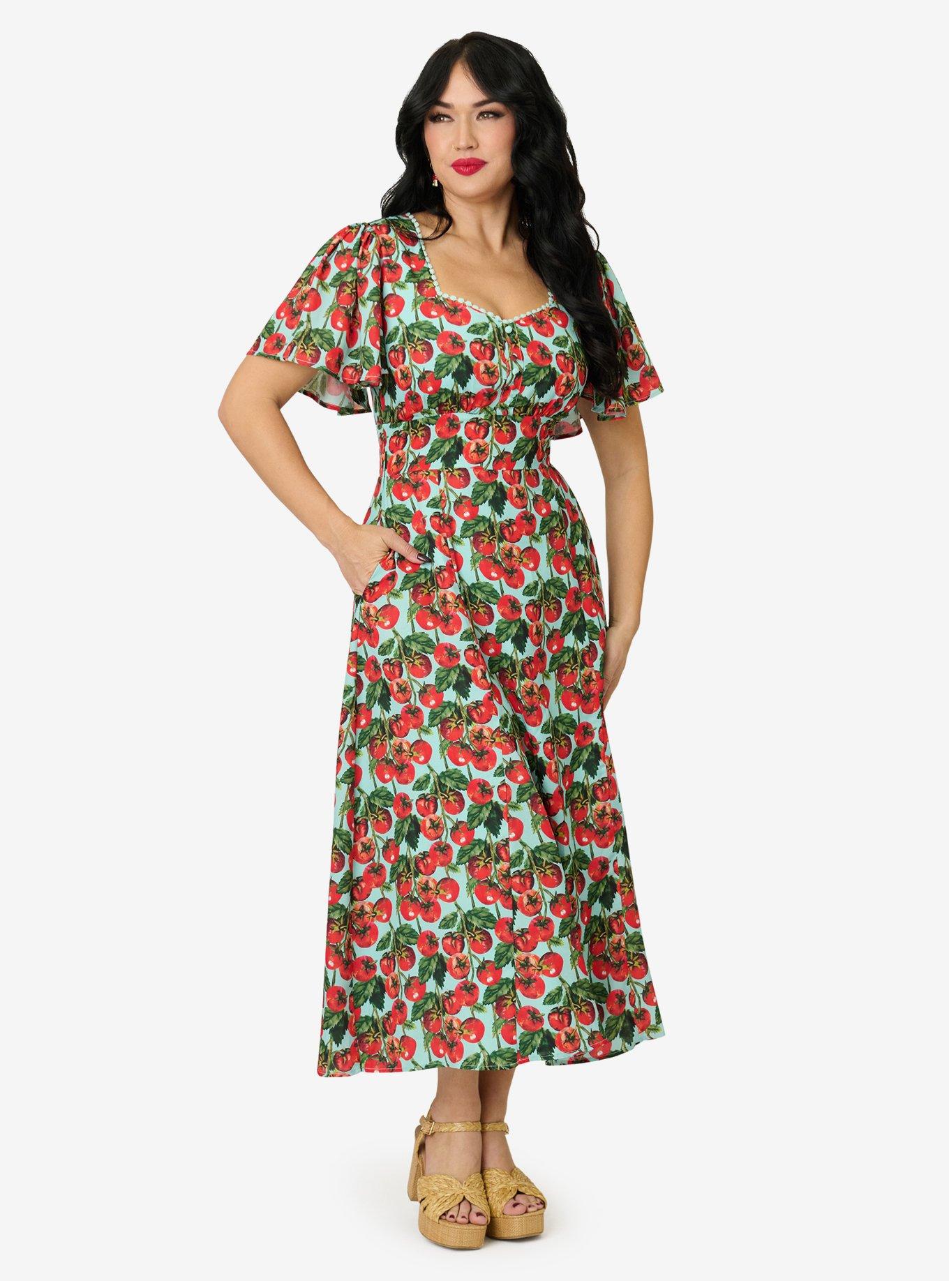 Unique Vintage Cherry Tomato Midi Dress, , hi-res