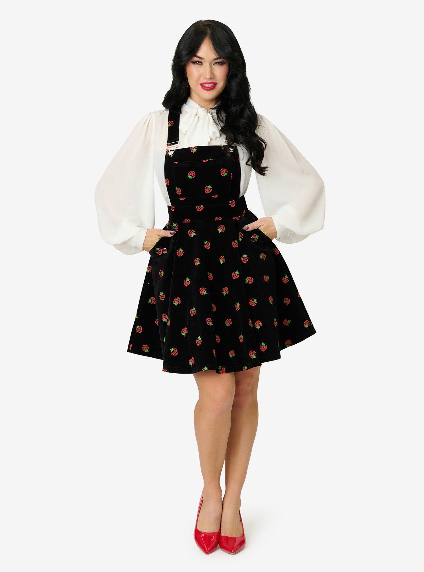 Unique Vintage Black & Strawberries Brionne Pinafore Skirt, , hi-res
