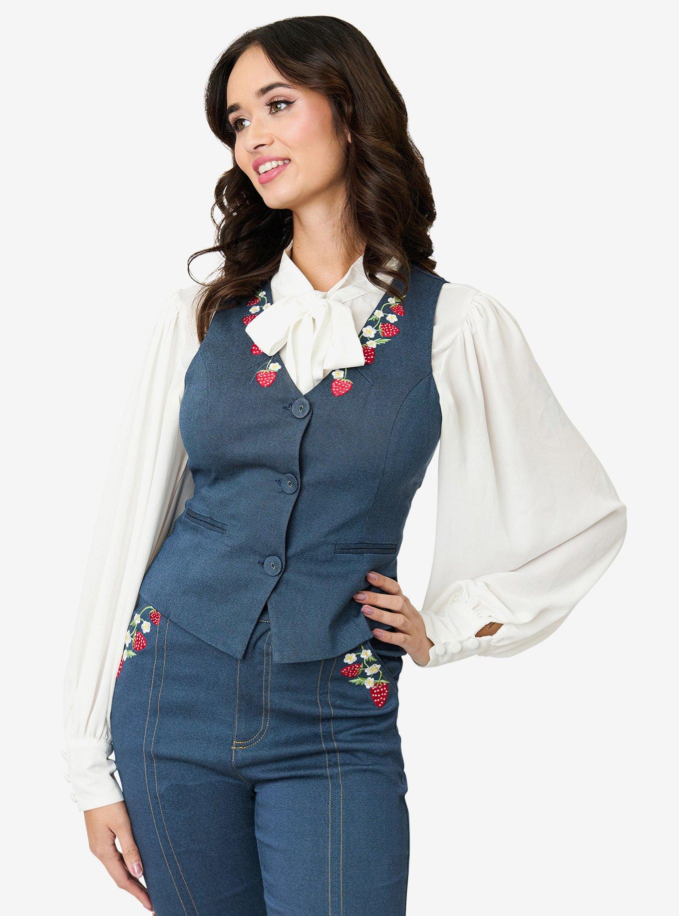 Unique Vintage 1940s Denim Embroidered Button Up Vest, , hi-res
