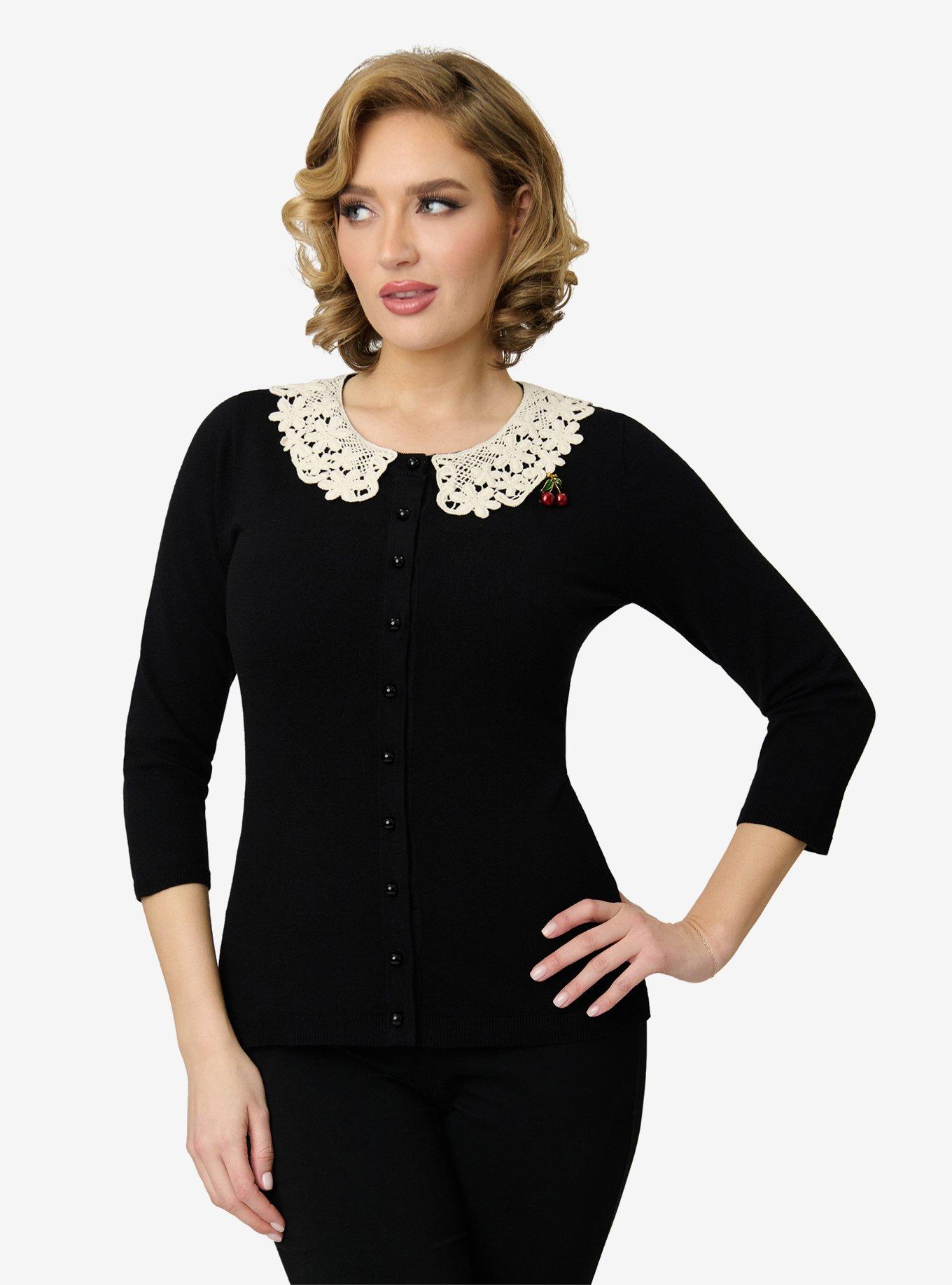 Unique Vintage Black & Cherry Pin Bookworm Cardigan, , hi-res