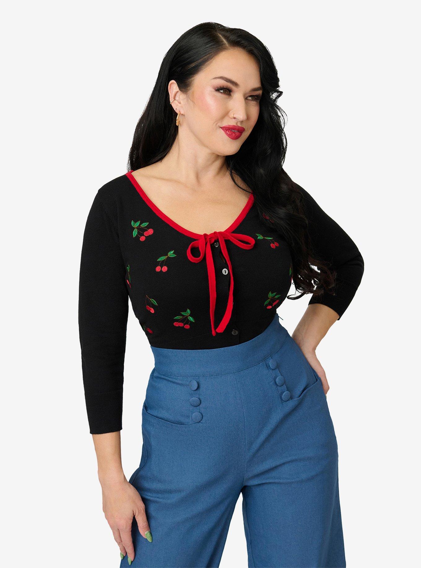 Unique Vintage Black & Cherries Cardigan, , hi-res