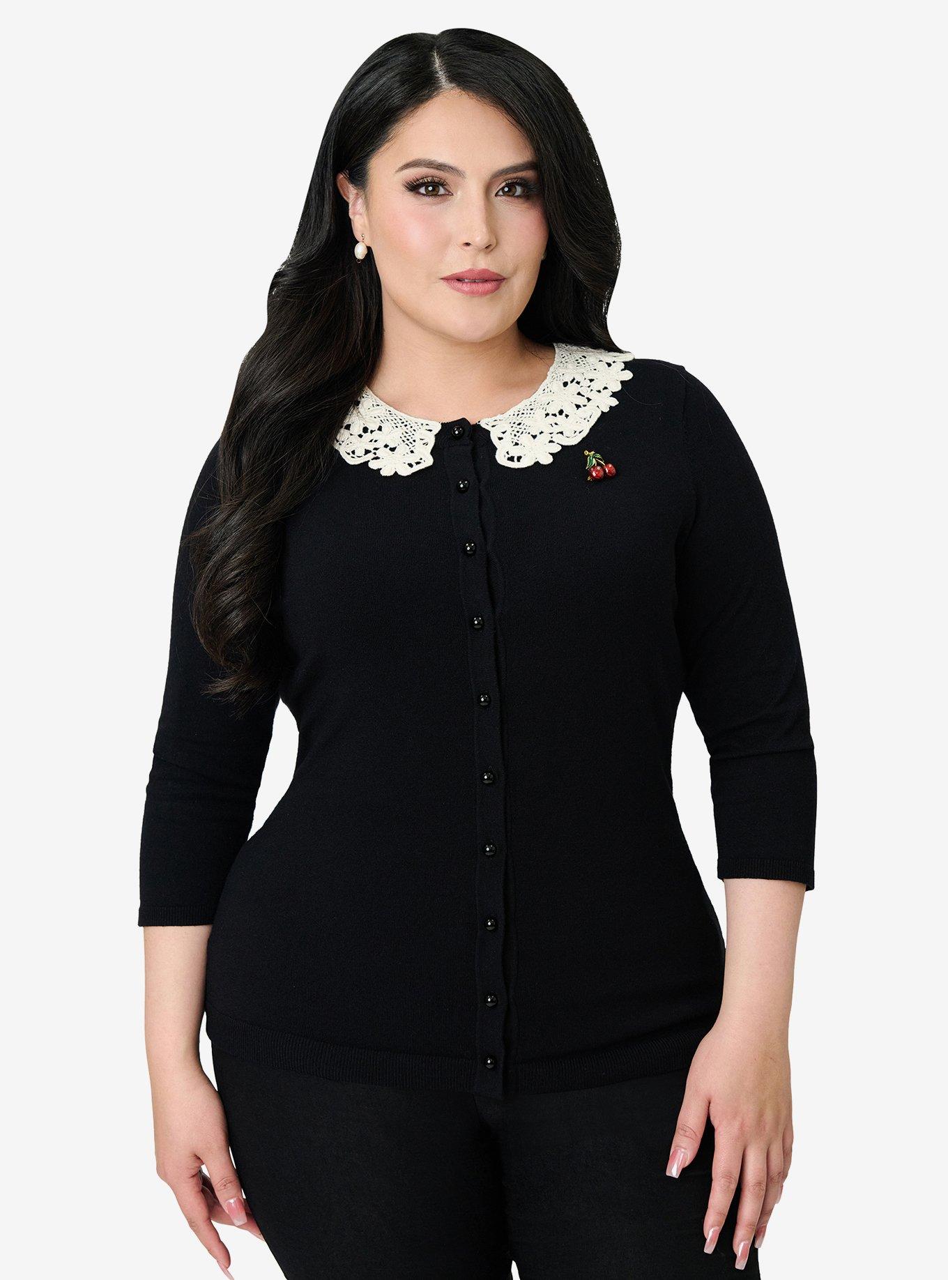 Unique Vintage Plus Size Black & Cherry Pin Bookworm Cardigan, , hi-res