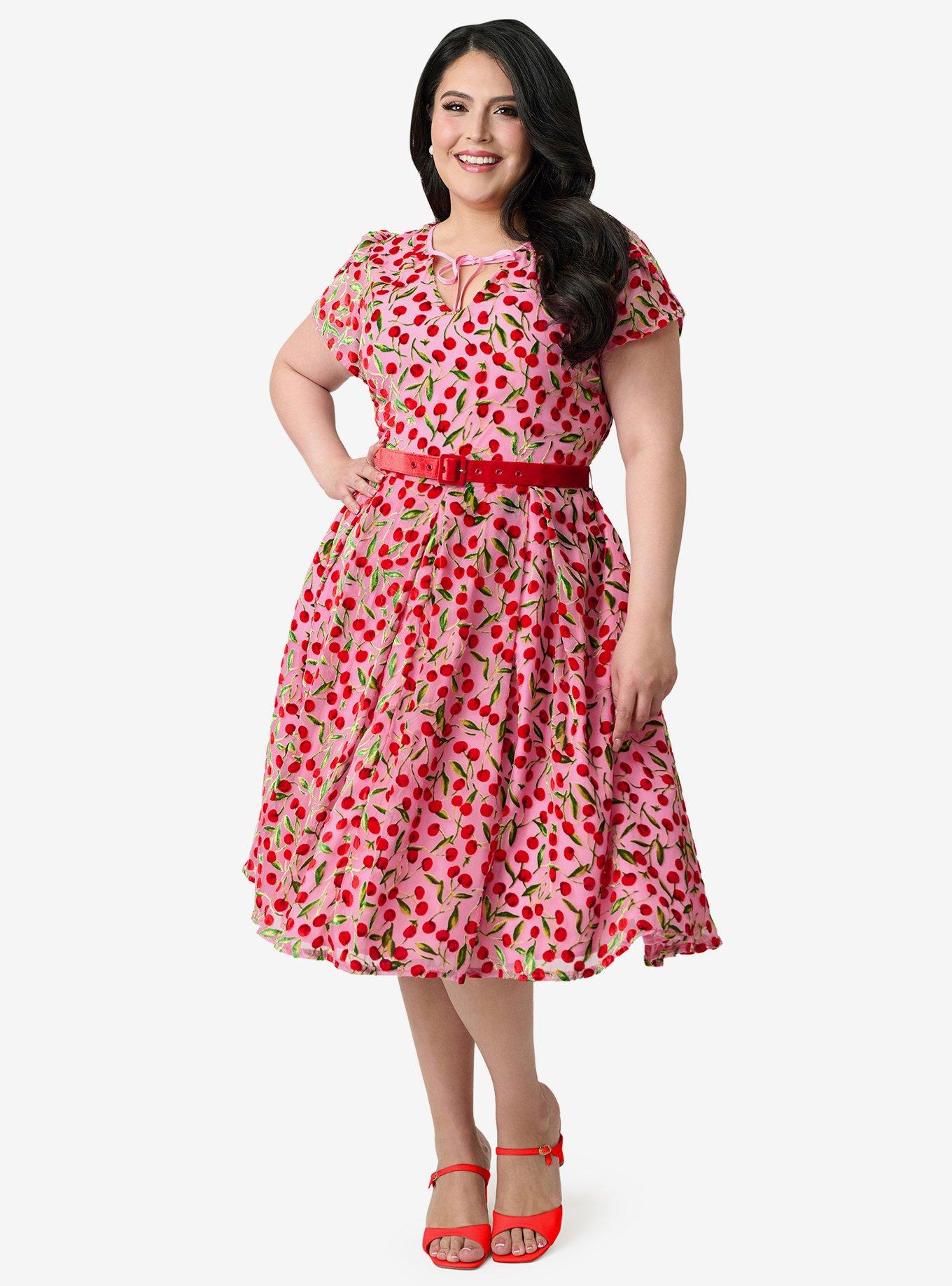 Unique Vintage Plus Size Pink Velvet Cherries Dahlia Swing Dress, , hi-res