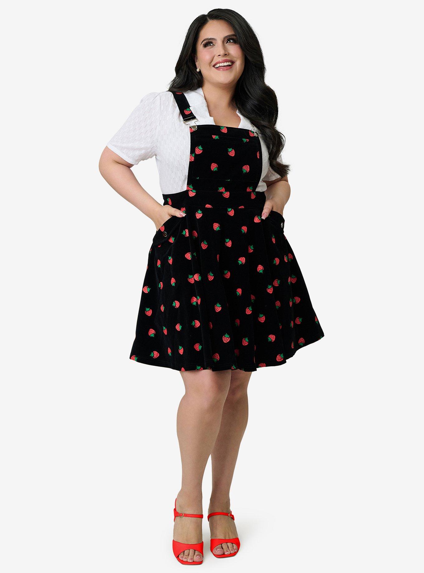 Unique Vintage Plus Size Black & Strawberries Brionne Pinafore Skirt, , hi-res