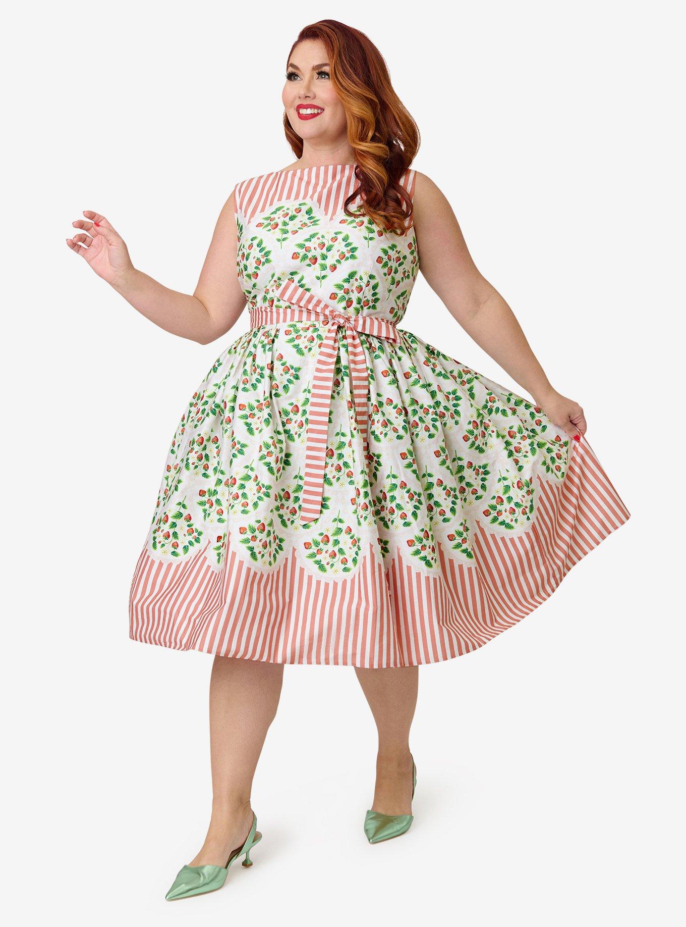 Unique Vintage Plus Size Strawberry & Stripe Sleeveless Cotton Swing Dress, , hi-res