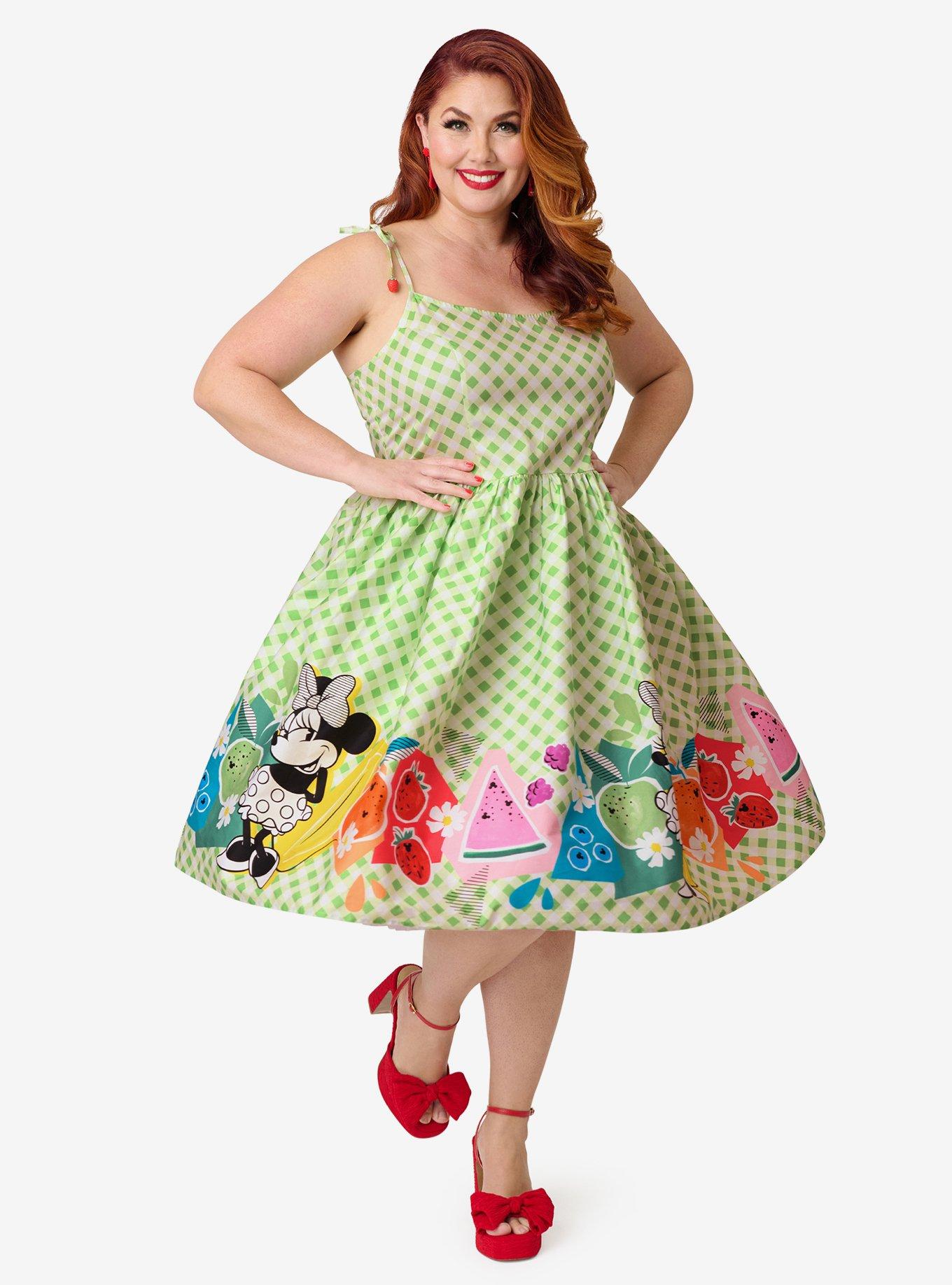 Disney Food Collection by Unique Vintage Plus Size Green Gingham Mickey Fruit Salad Swing Dress, , hi-res