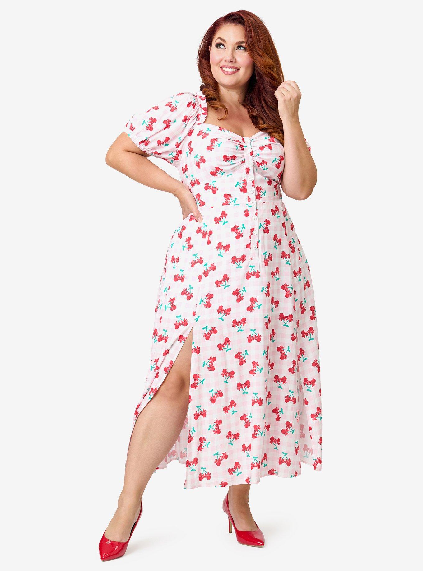 Disney Mickey & Friends Collection by Unique Vintage Plus Size Pink & Minnie Cherries Midi Dress, , hi-res