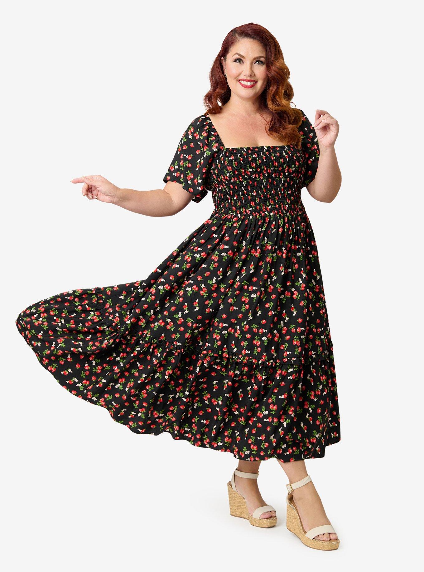 Unique Vintage Plus Size Black & Strawberry Print Smocked Bodice Midi Dress, , hi-res