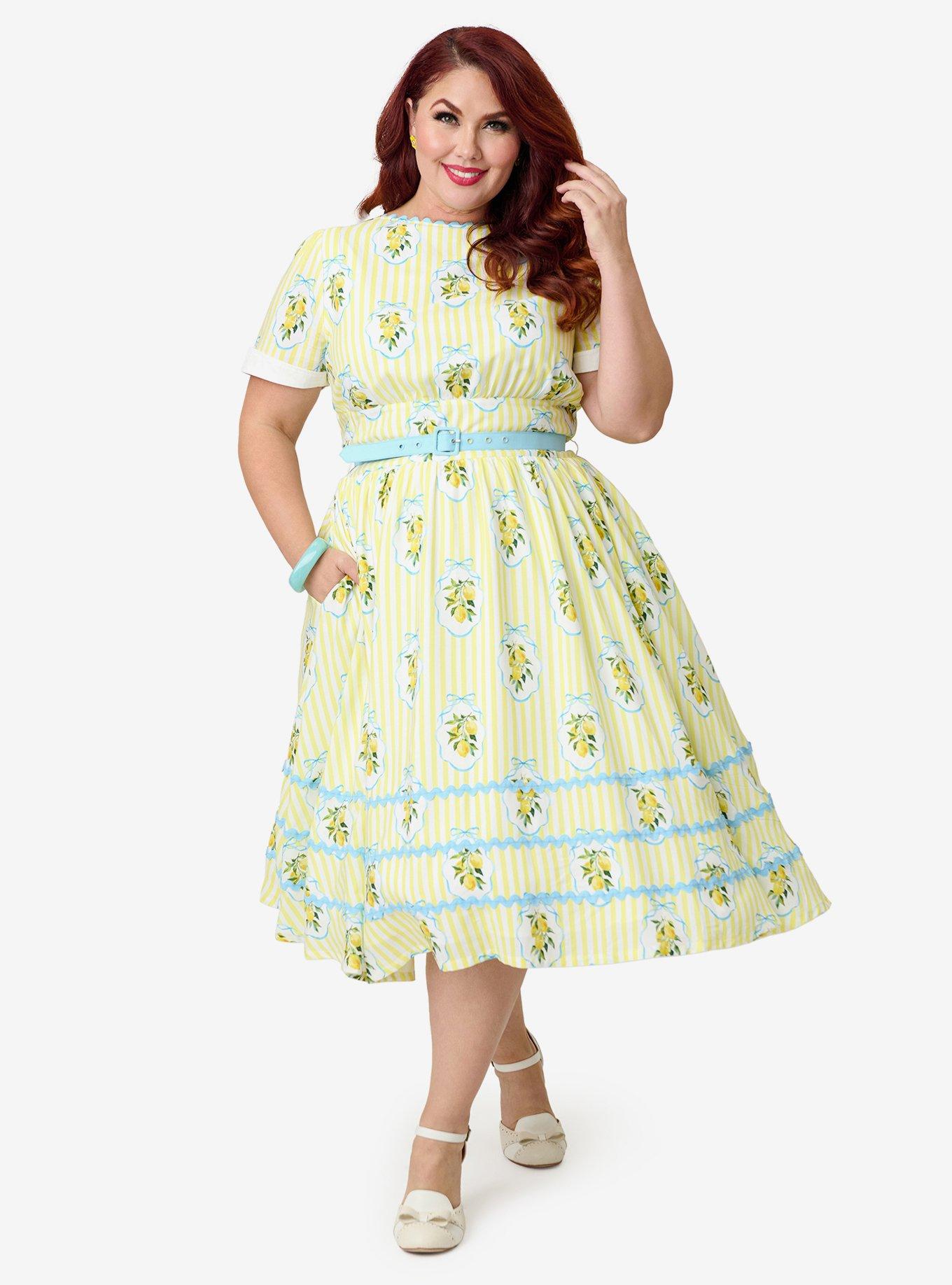 Unique Vintage Plus Size Yellow Lemon Striped Swing Dress, , hi-res