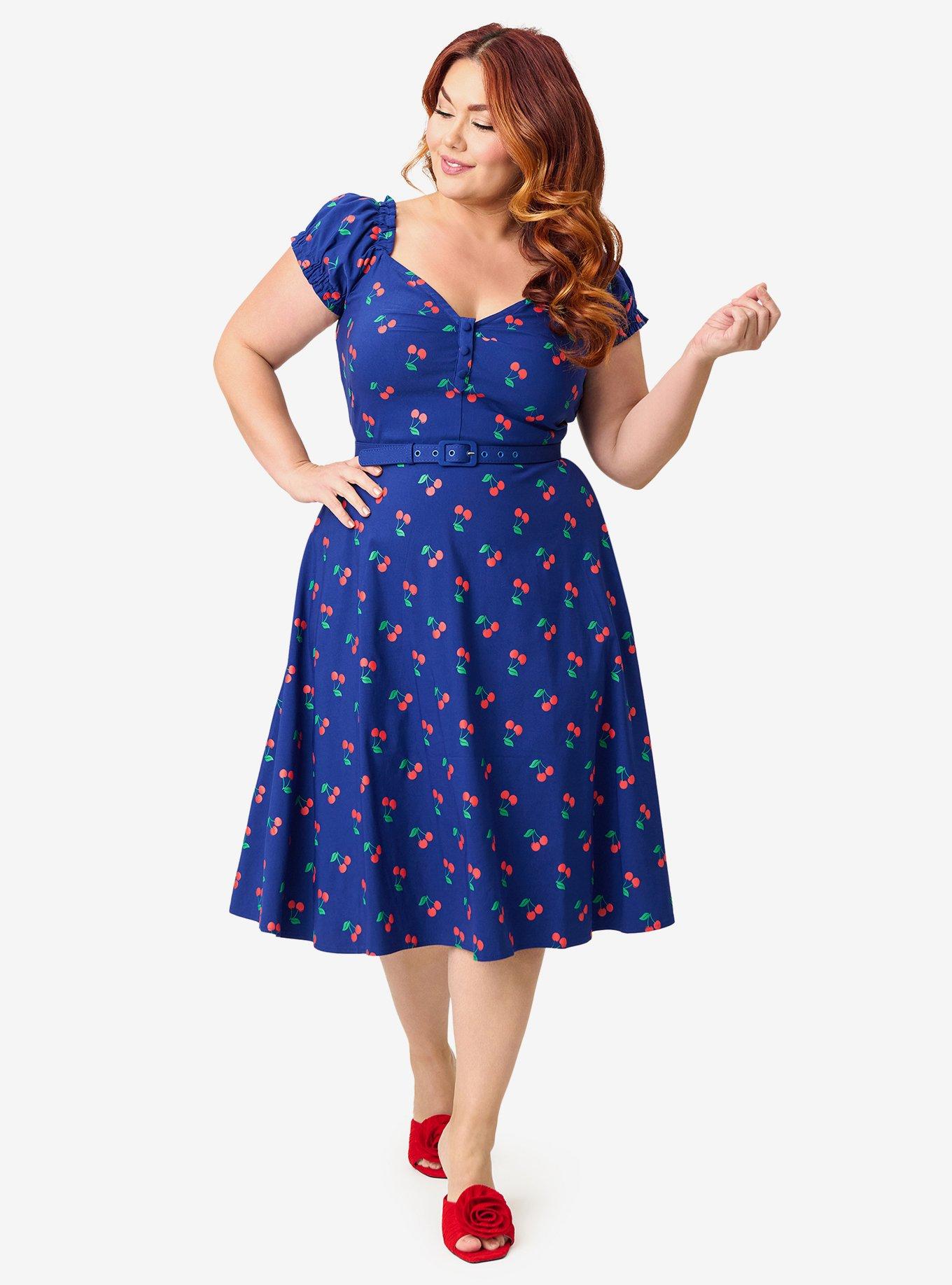 Unique Vintage Plus Navy & Cherries Ohara Swing Dress