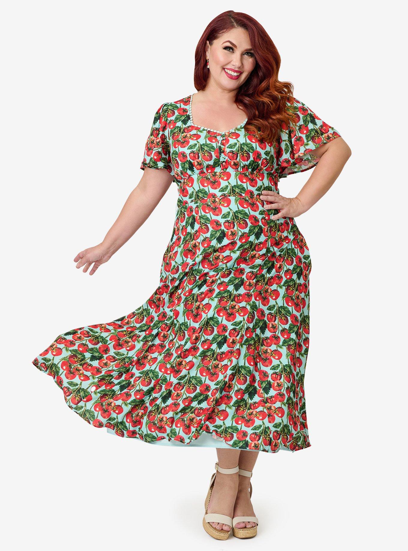 Unique Vintage Plus Size Cherry Tomato Midi Dress, , hi-res