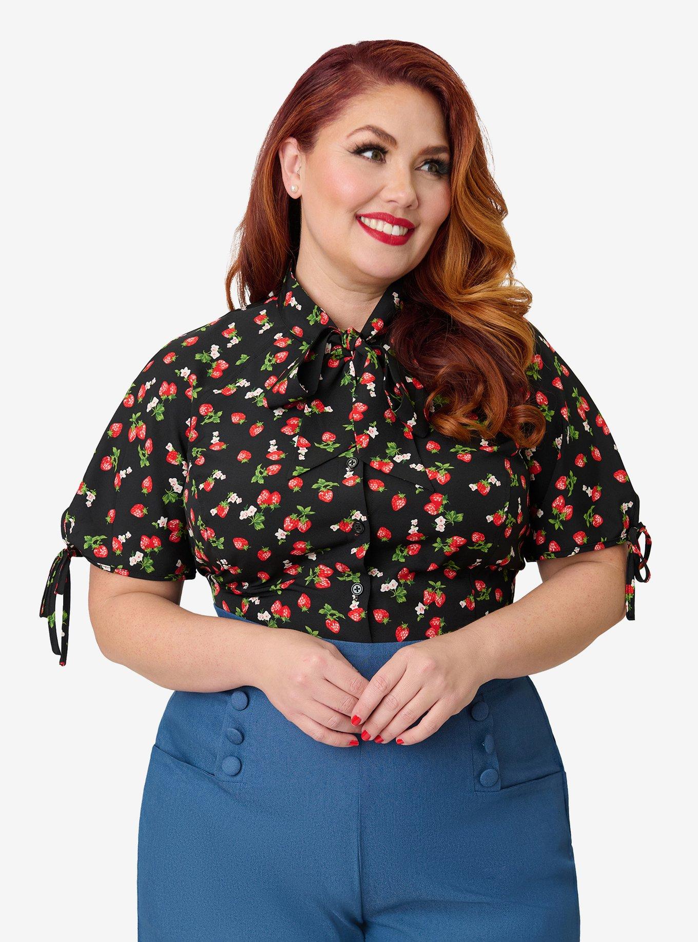 Unique Vintage Plus Size Black & Berries Print Chita Blouse, , hi-res