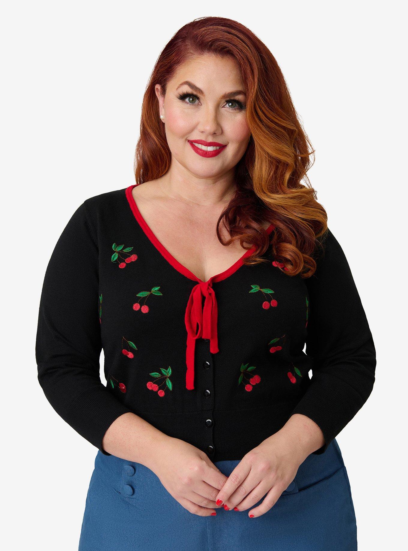 Unique Vintage Plus Size Black & Cherries Cardigan, , hi-res
