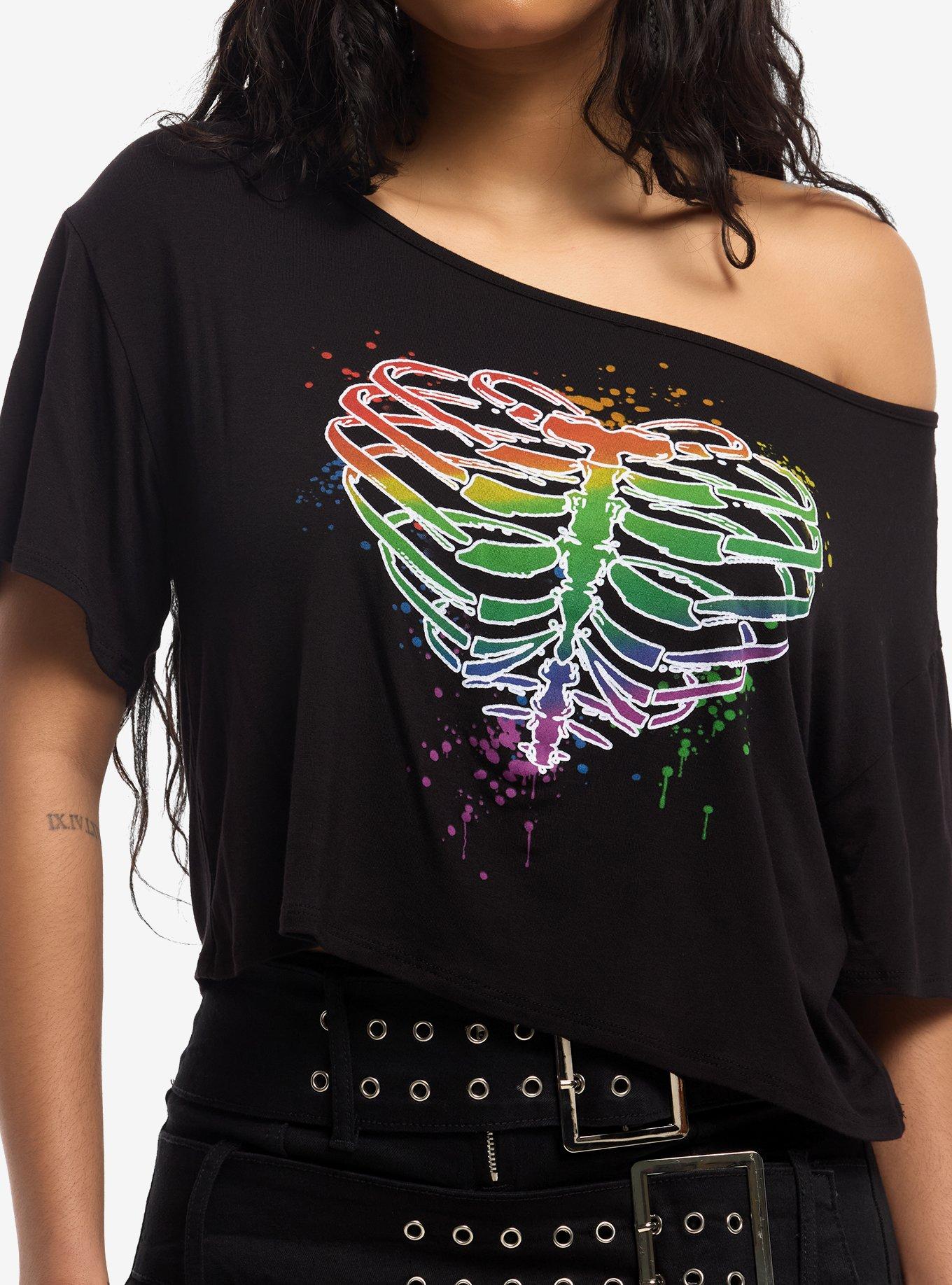 Rainbow Heart Rib Cage Off-Shoulder T-Shirt, , hi-res