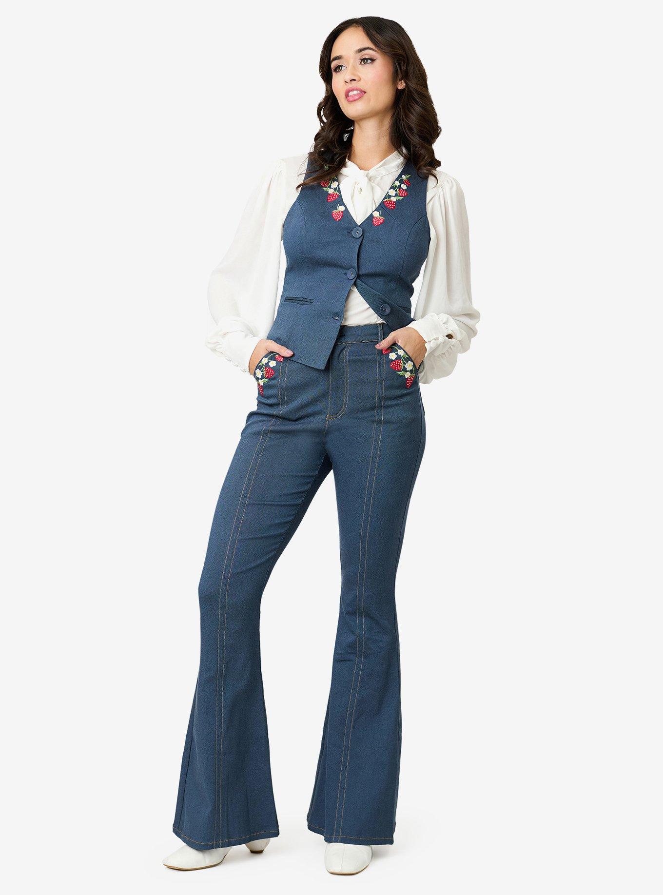 Unique Vintage Denim Strawberry Embroidered Flare Pants, , hi-res