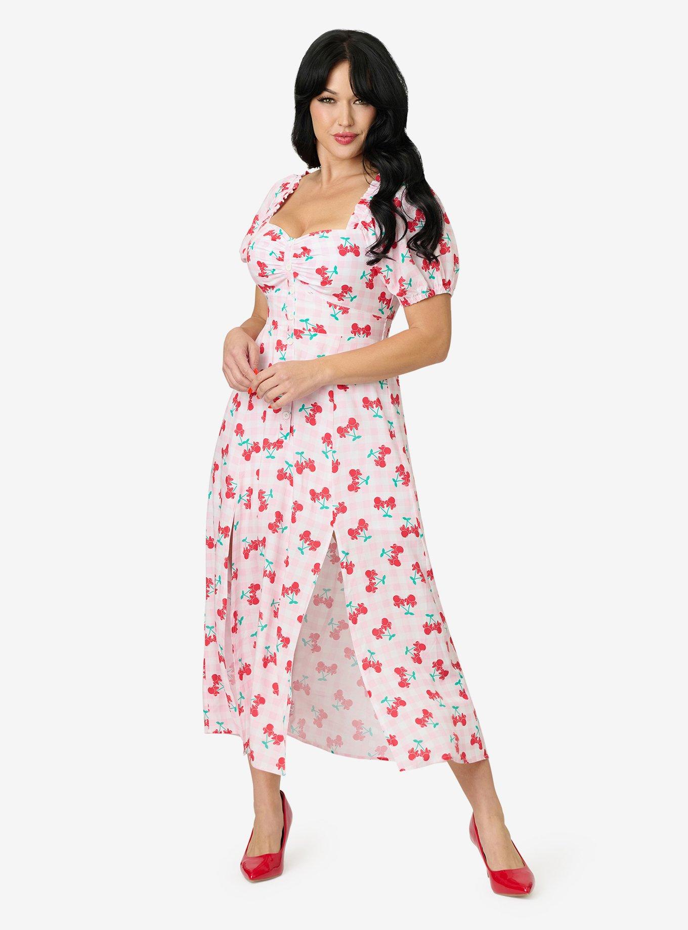 Disney Mickey & Friends Collection by Unique Vintage Pink & Minnie Cherries Midi Dress, , hi-res