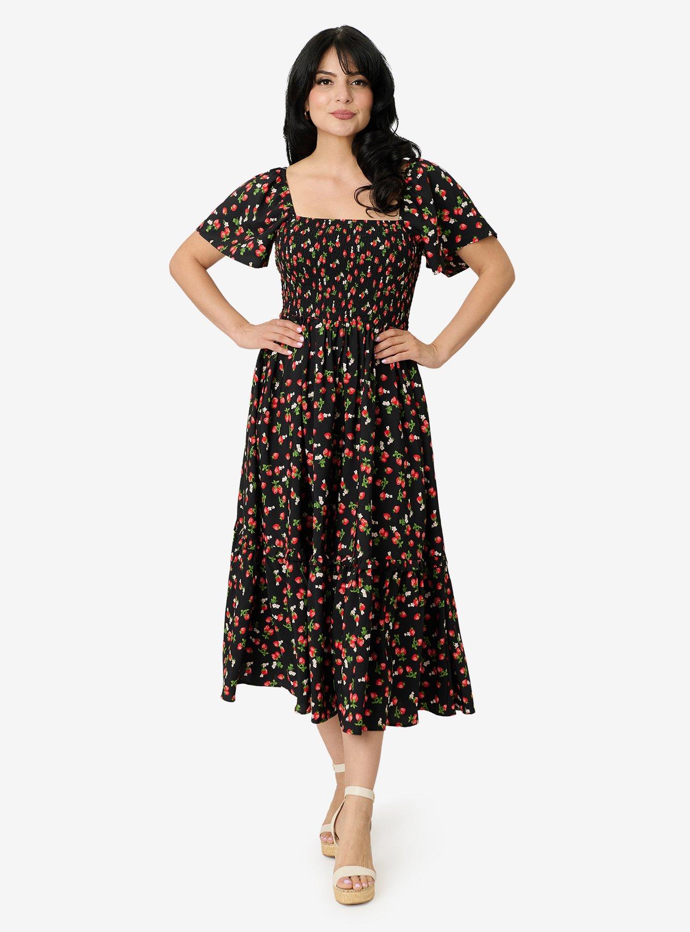 Unique Vintage Black & Strawberry Print Smocked Bodice Midi Dress, , hi-res