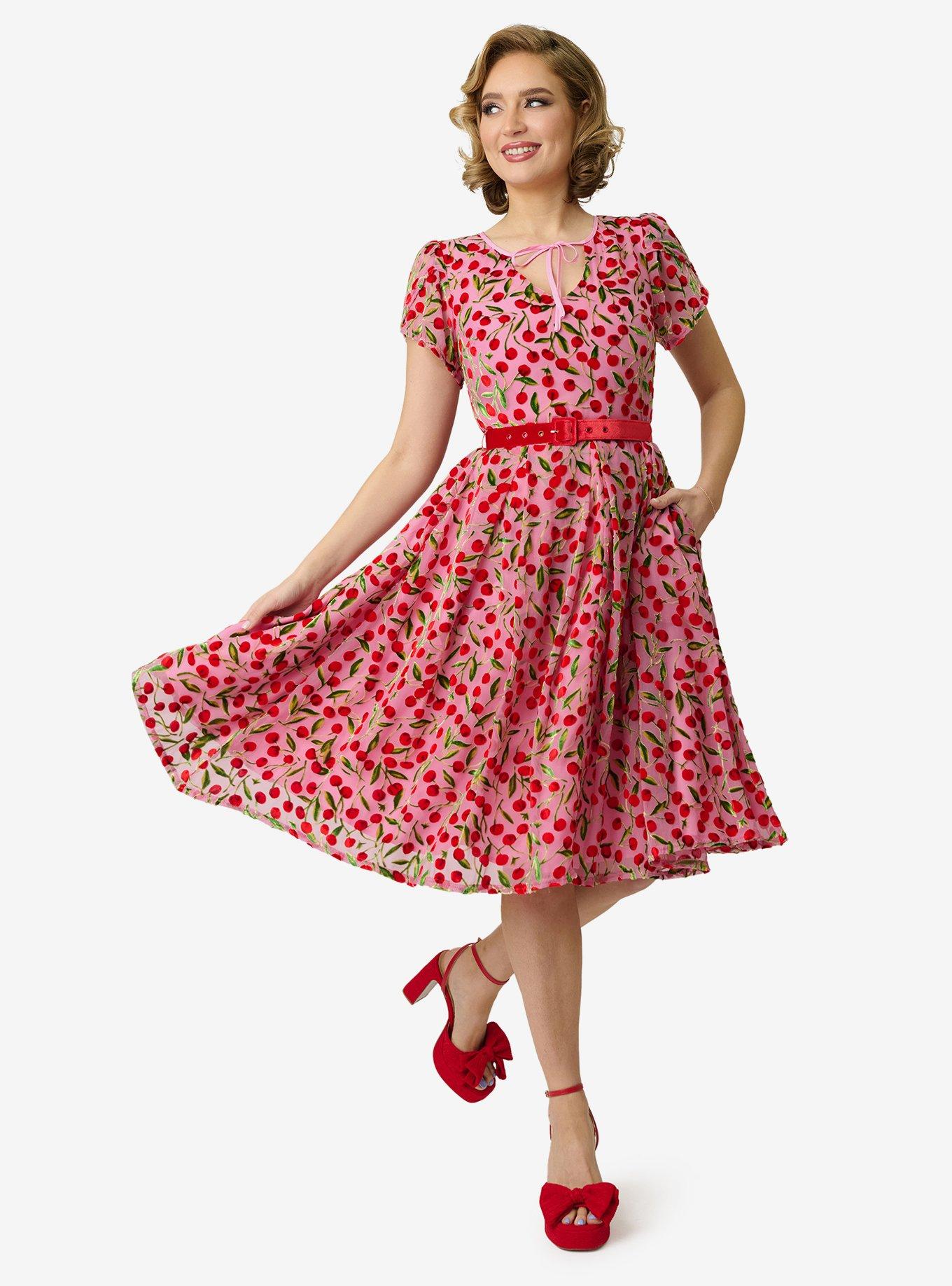 Unique Vintage Pink Velvet Cherries Dahlia Swing Dress, , hi-res