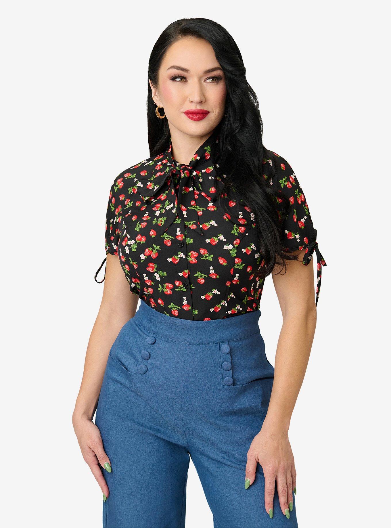 Unique Vintage Black & Berries Print Chita Blouse, , hi-res