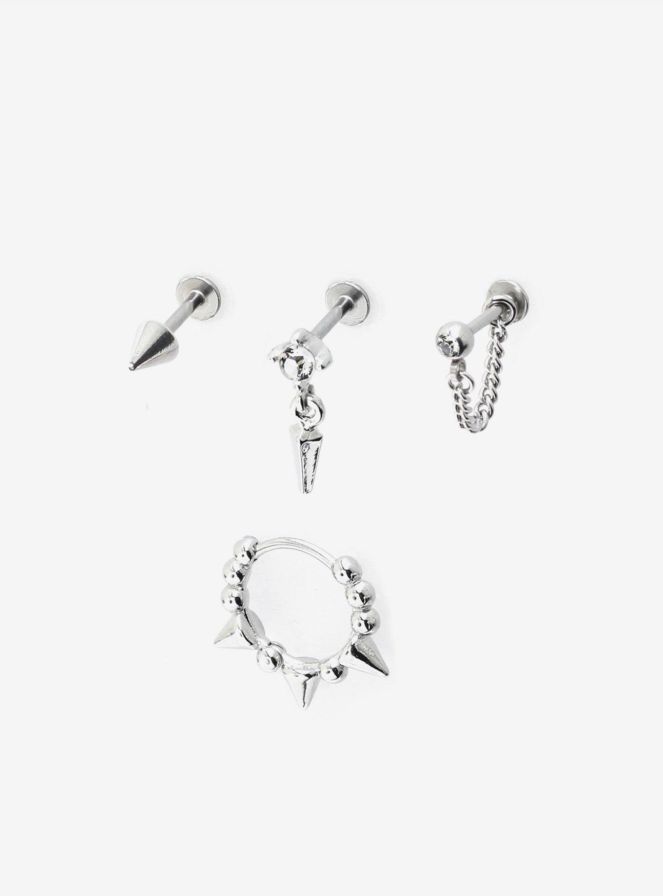 Steel Spike Chain Cartilage Stud & Hoop 4 Pack, , hi-res