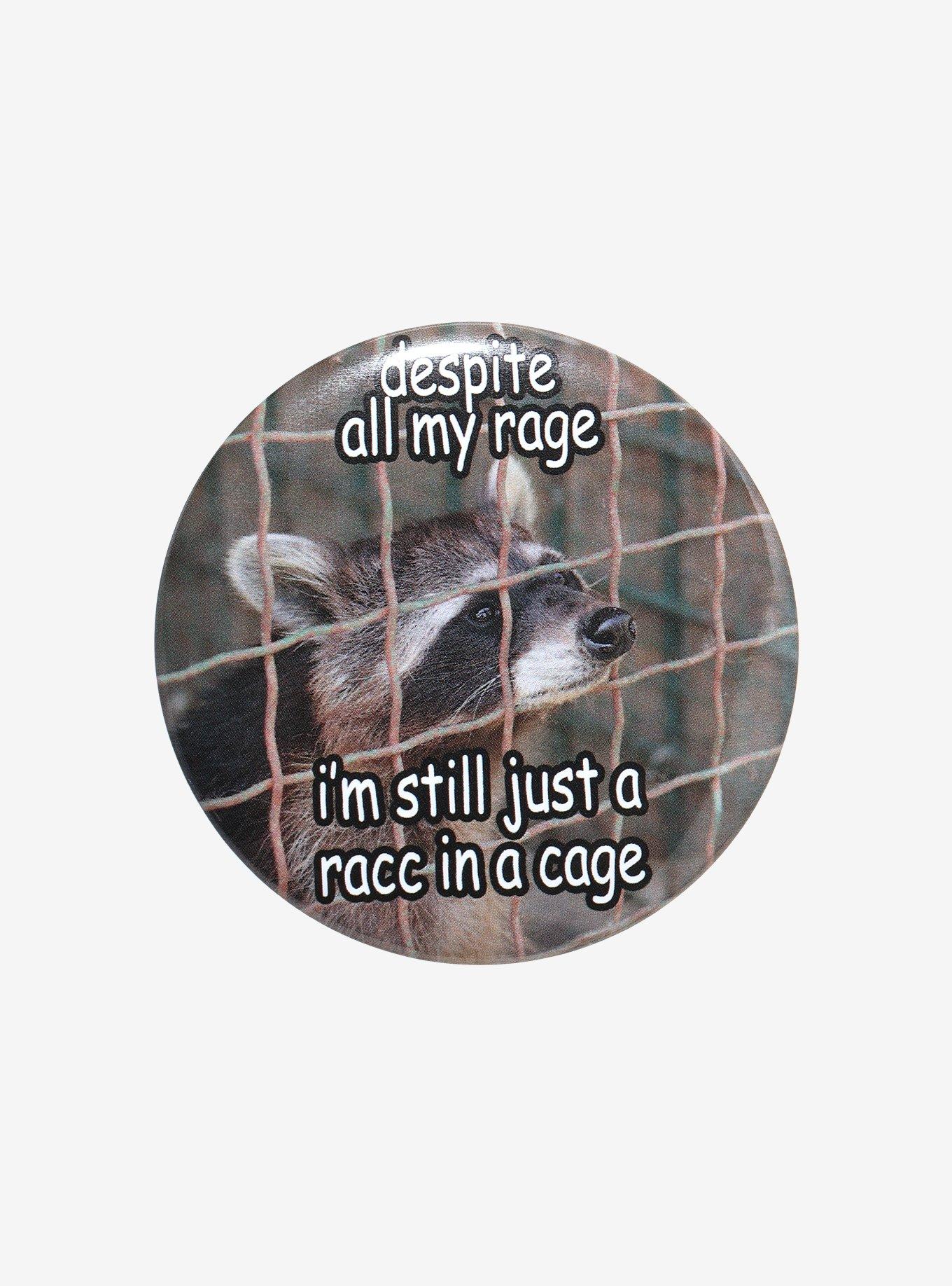 Raccoon Rage In Cage 3 Inch Button, , hi-res