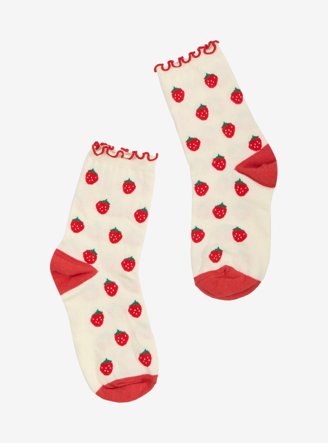 Red Strawberry Lettuce Trim Ankle Socks, , hi-res
