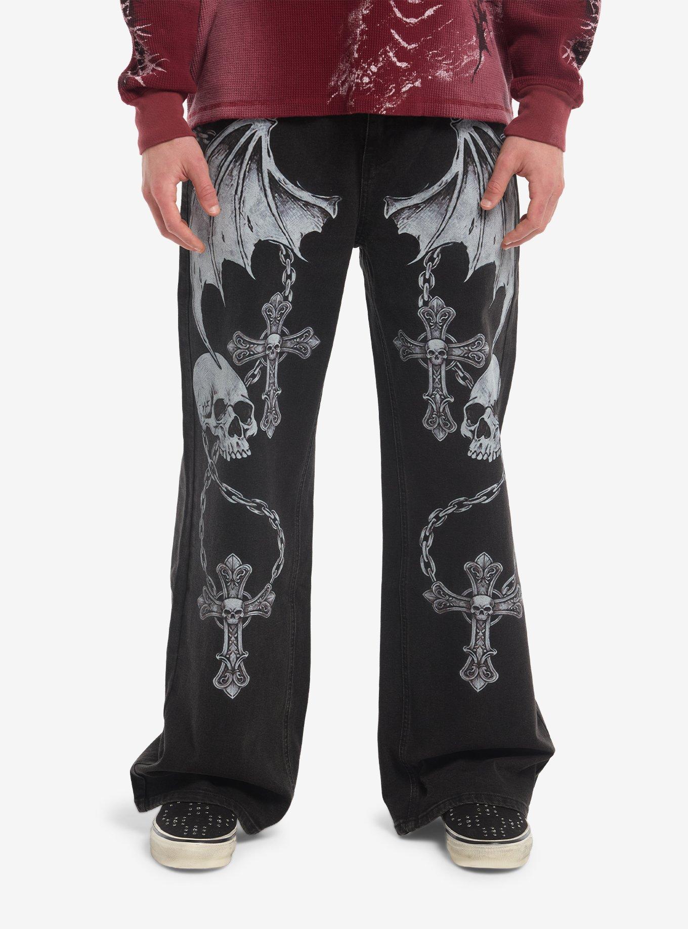 HOTTOPIC Black Bat Wing Skull Cross Jeans