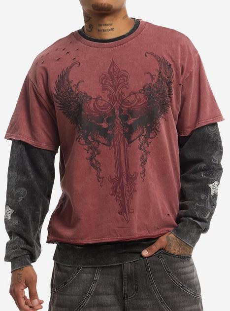 Skull Winged Filigree Distressed Twofer Long-Sleeve Top | Hot Topic