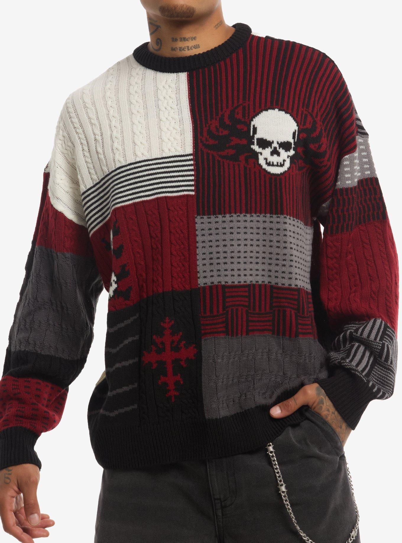 Red & Grey Skull Cross Patchwork Sweater