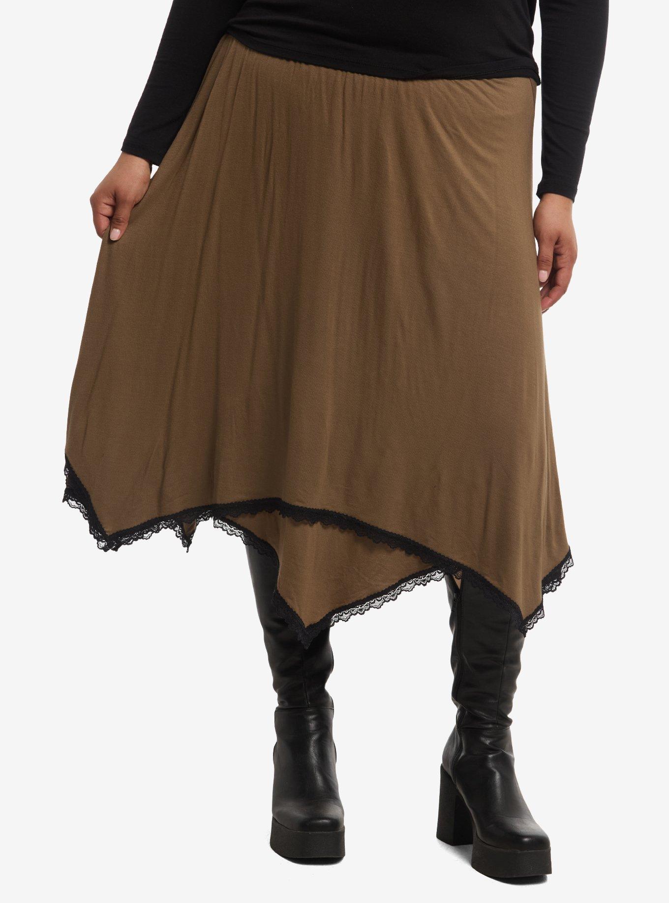 Thorn & Fable Brown & Black Lace Asymmetrical Midi Skirt Plus Size